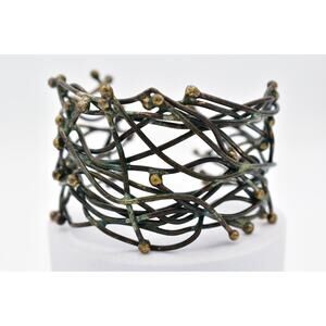 Vintage Brutalist Cuff Bangle Bracelet Chunky Rustic Wired Metal 1970s Bin7